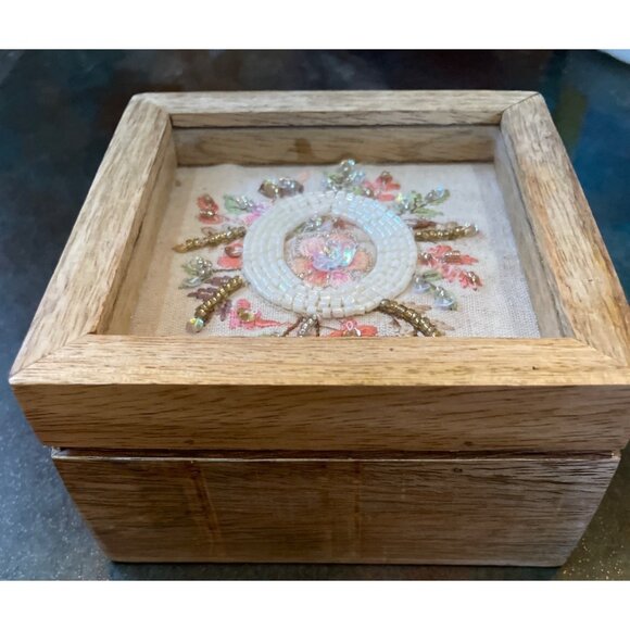 Handcrafted Wooden Jewelry Box With Beaded Floral Embroidery & Glass Top Display - Picture 6 of 6